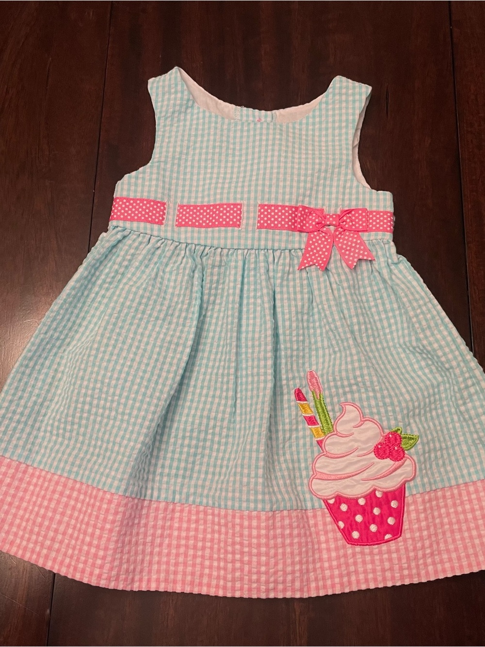 Toddler Girls Light Blue & Pink Seersucker Cupcake Dress